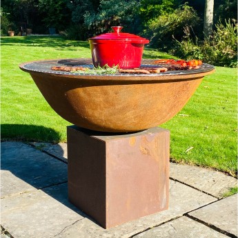 "Raw" 850mm Diameter 24KG Cast Iron Indian Fire Bowl  - With Corten Steel Stand And Stainless Steel Grill